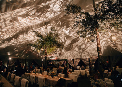 Lekolite projector inside a sailcloth tent for an outdoor wedding reception in Ocala, Florida.