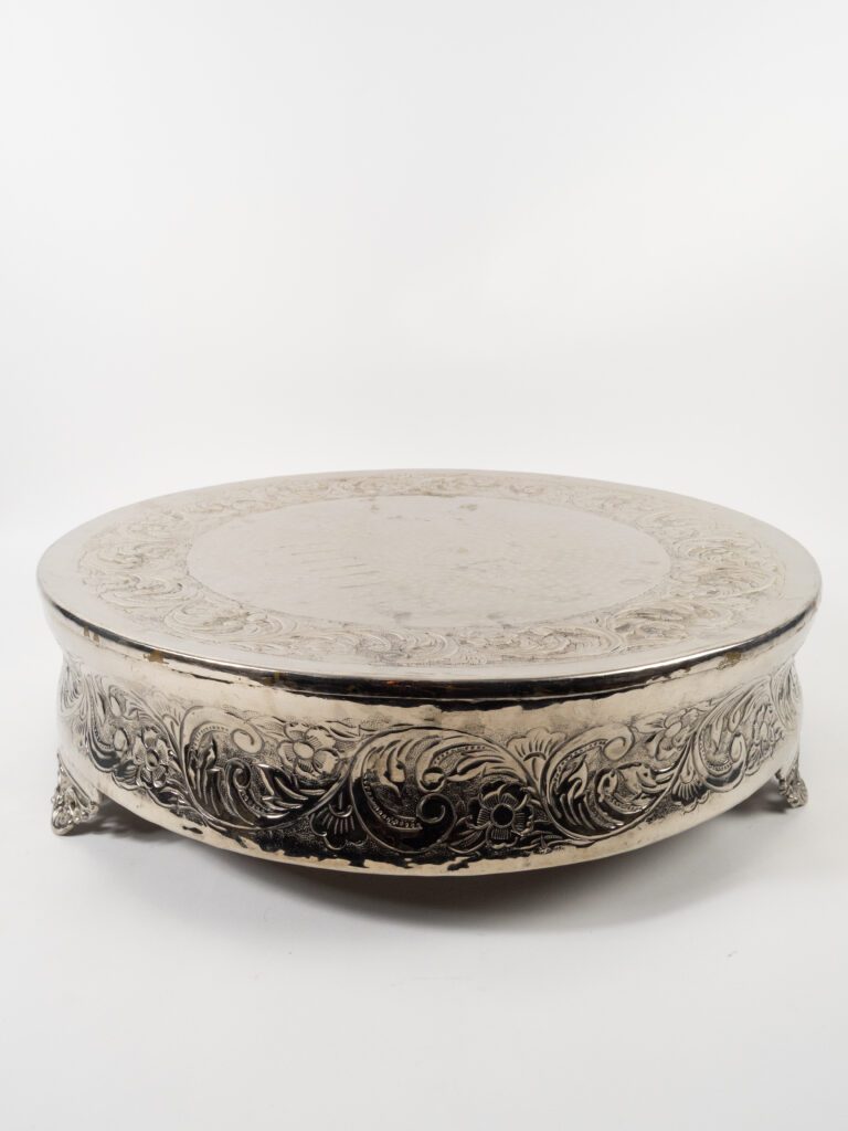 SILVER ROUND ORNATE CAKE STAND 22"