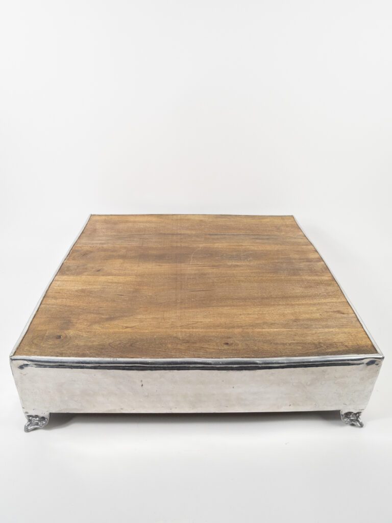 SILVER WOOD TOP CAKE STAND SQUARE 21.5"
