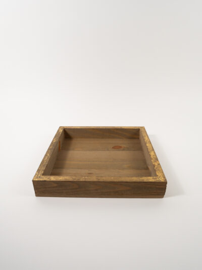 SQUARE RUSTIC WOODEN TRAY W/ GOLD EDGE 12"