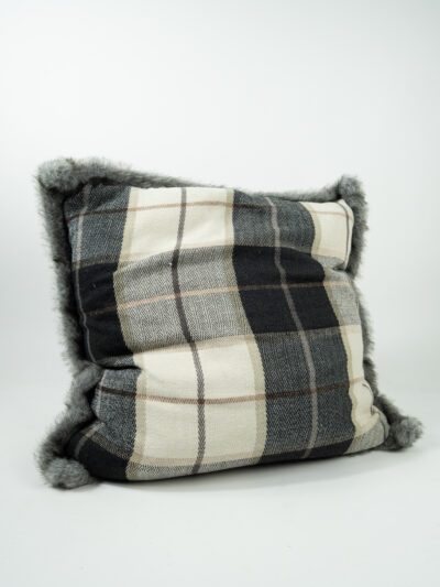 BLACK PLAID PILLOW W/ FUR