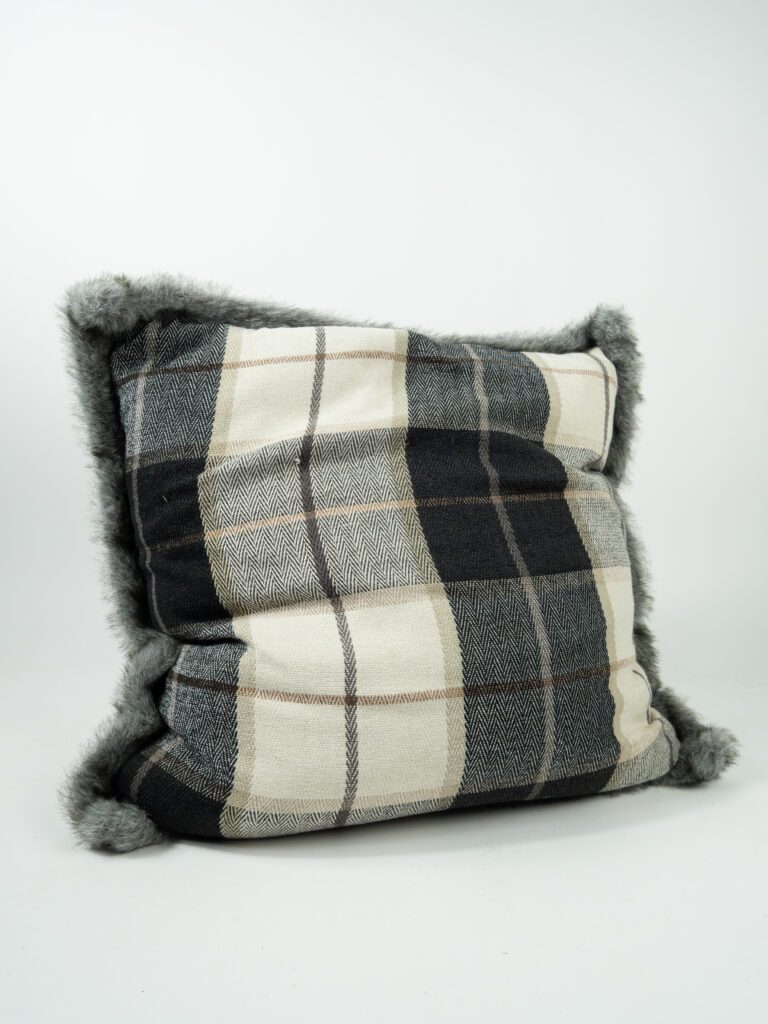 BLACK PLAID PILLOW W/ FUR