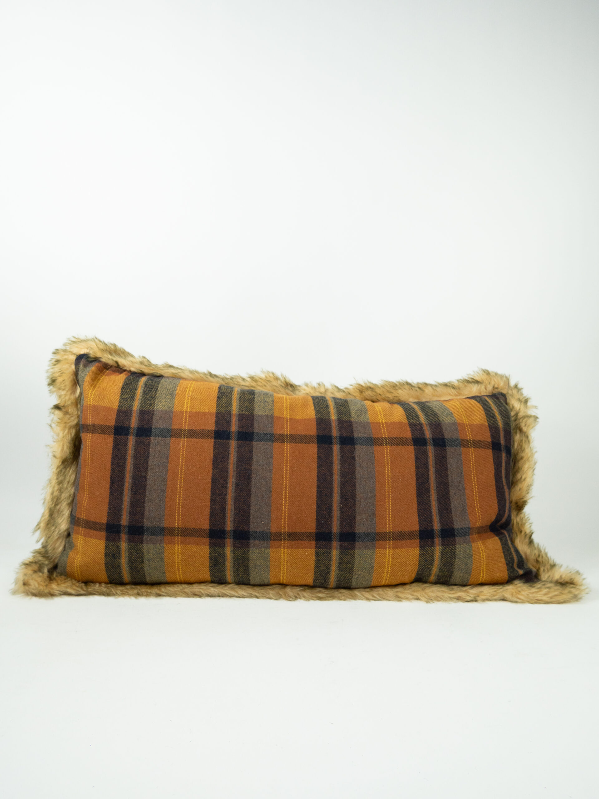 BROWN PLAID PILLOW W/ FUR