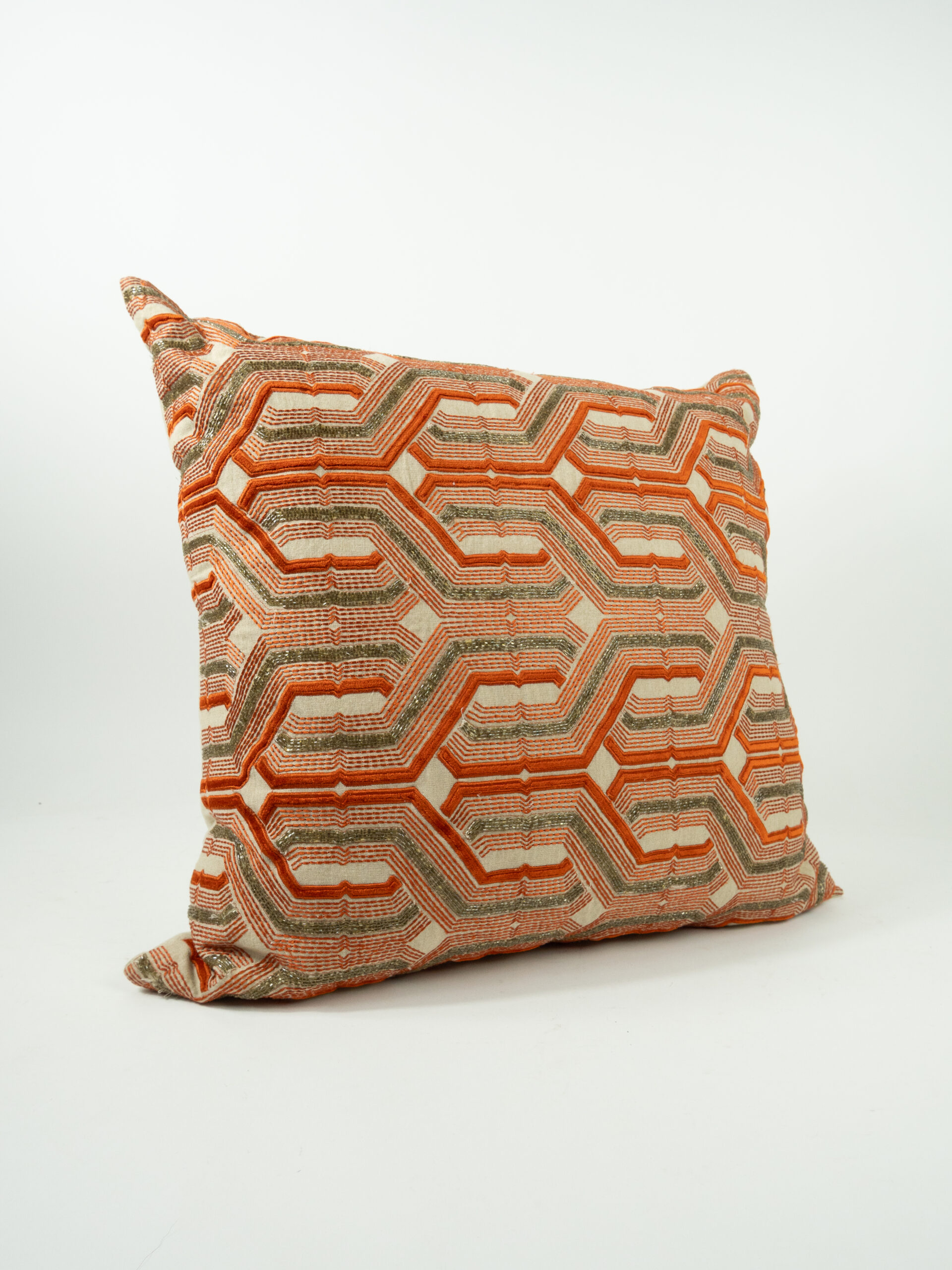 GEOMETRIC ORANGE PILLOW W/ GOLD BEADING